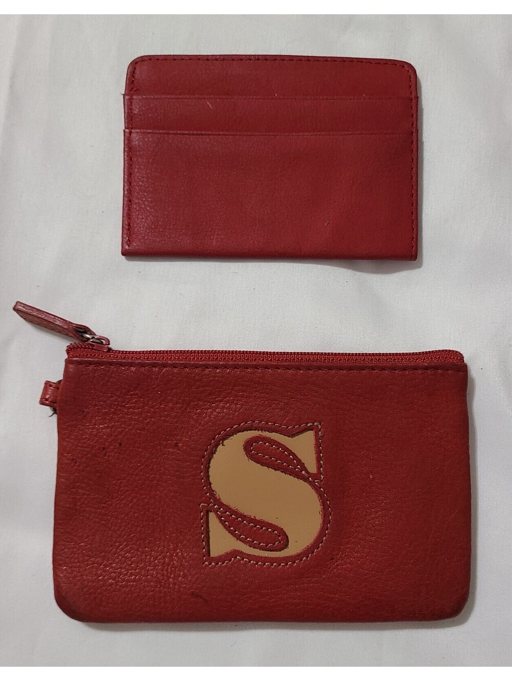 2pc Rolfs Genuine Leather Wallet & ID Holder Red Coin Purse Keychain S Monogram